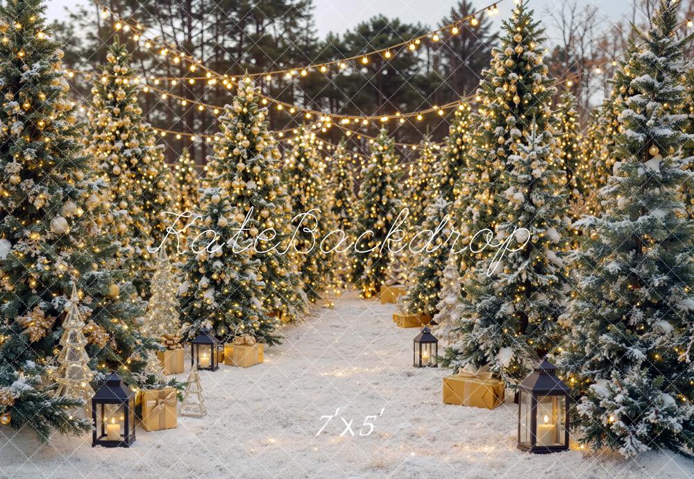 Kate Christmas Snowy Pine Tree Forest String Lights Printed Backdrop Designed by Mini MakeBelieve