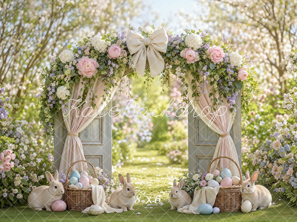 Kate Easter Flower Arch Garden Door Bunny Bow Curtains Printed Backdrop Designed by Emetselch