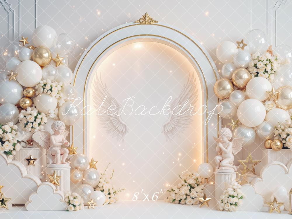 Kate Cake Smash Heaven Made Angel Arch Balloons Stars Clouds Printed Backdrop Designed by Mini MakeBelieve