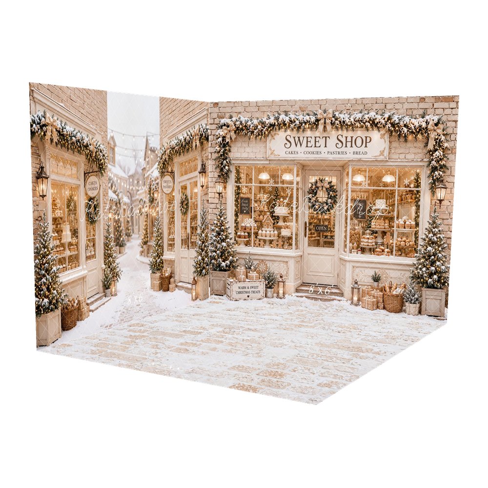 Kate Christmas Sweet Shop Window Gingerbread Snow Garland Printed Backdrop Room Set