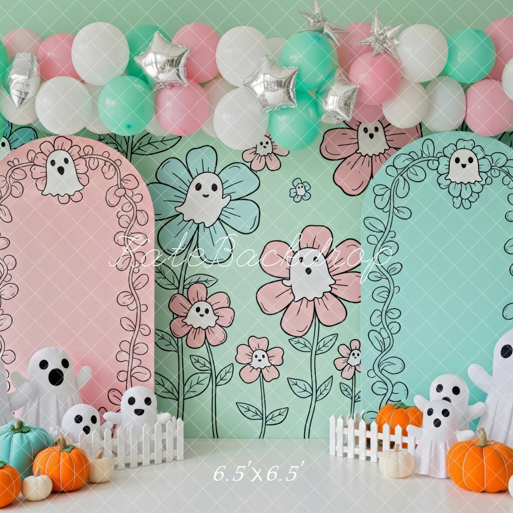 Kate Halloween Cake Smash Ghosts Pastel Flowers Pumpkins Backdrop Designed by Patty Roberts