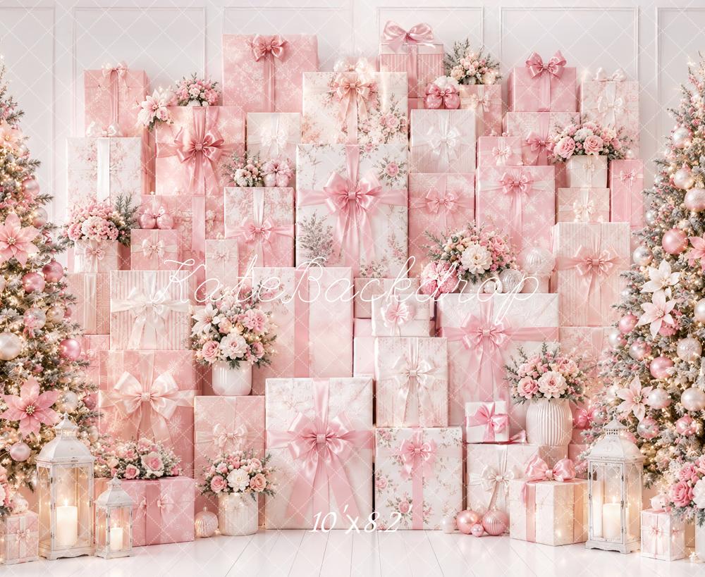 Kate Christmas Pink Gifts Wall Floral Trees Printed Backdrop Designed by Ashley Paul
