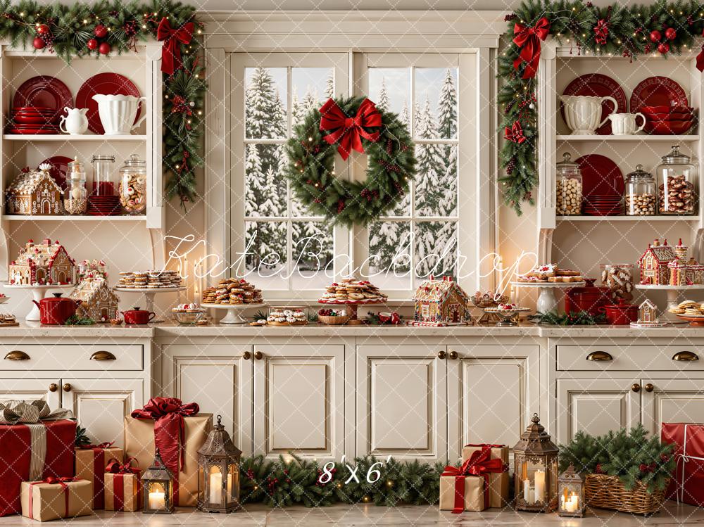 Kate Christmas Kitchen Gingerbread Garland Wreath Gifts Printed Backdrop Designed by Emetselch
