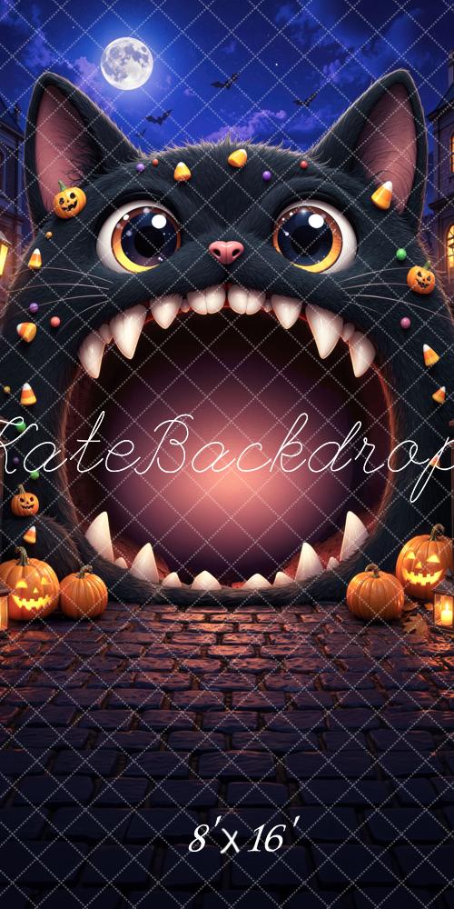Kate Sweep Halloween Trunk or Treat Black Cat Haunted House Cobblestone Printed Backdrop Designed by Mini MakeBelieve