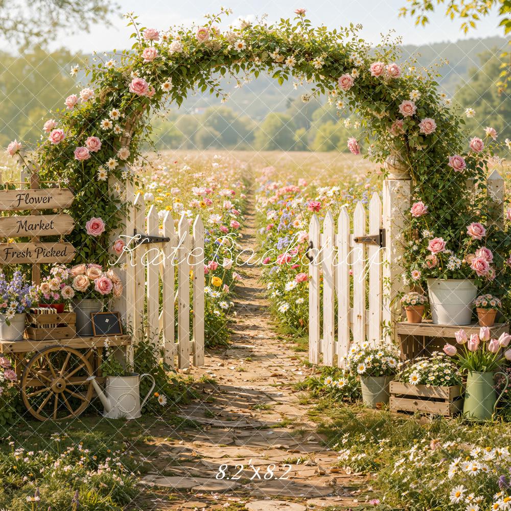 Kate Spring Pink Flower Arch Garden Fence Gate Path Field Printed Backdrop Designed by Emetselch