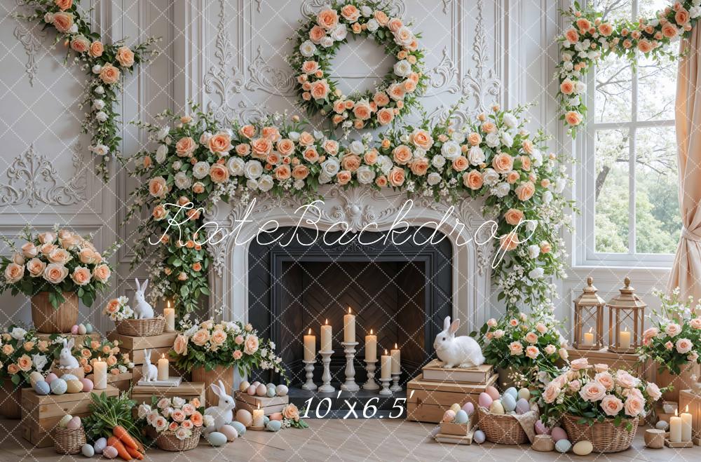 Kate Easter Bunny Floral Fireplace Pastel Eggs Backdrop Designed by Mini MakeBelieve