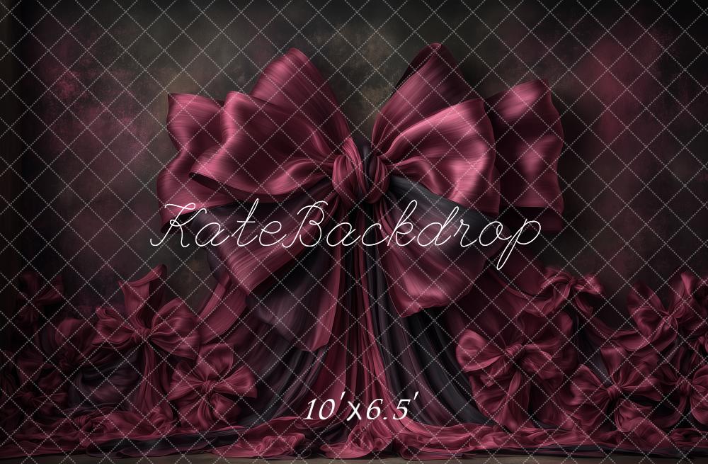 Kate Satin Burgundy Large Bow Drapes Printed Backdrop Designed by Angela Miller