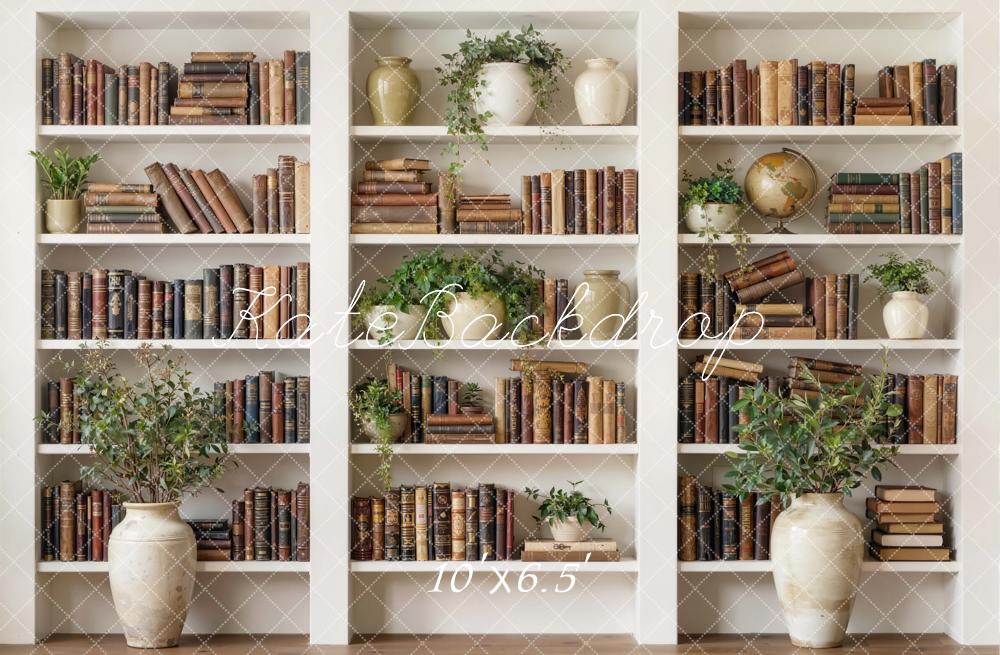 Kate Bookshelf White Shelves Books Plants Vases Printed Backdrop Designed by Emetselch