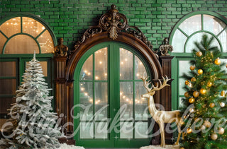 Kate Christmas Golden Deer Retro Arched Window Green Brick Wall Printed Backdrop Designed by Mini MakeBelieve