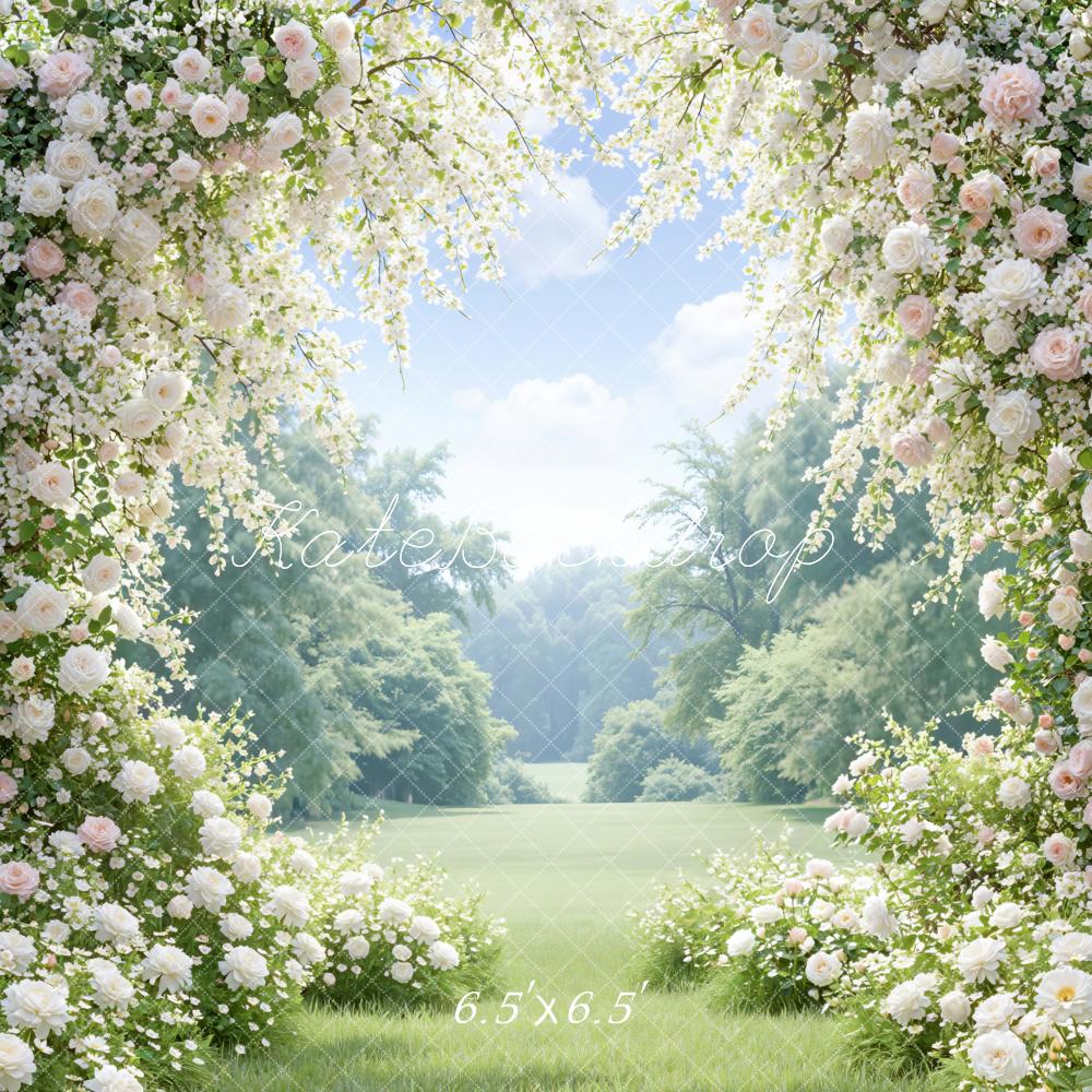Kate Summer Flower Arch White Pink Roses Garden Printed Backdrop Designed by Mini MakeBelieve
