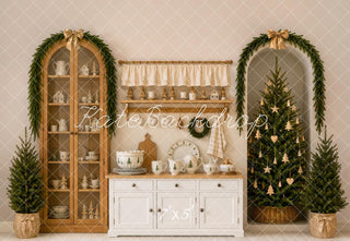 Kate Christmas Tree Modern Kitchen Cabinet Garland Gold Bow Printed Backdrop Designed by Emetselch