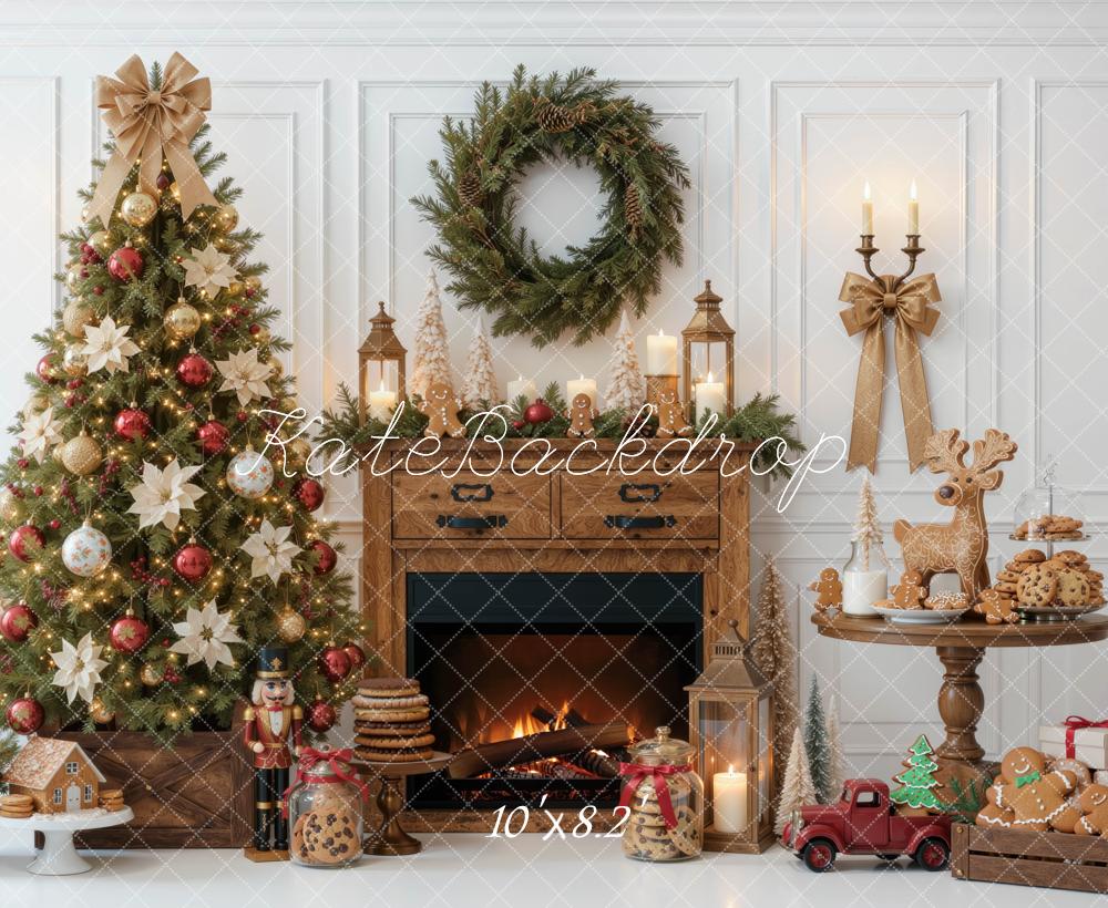 Kate Christmas Tree Wood Fireplace Wreath Gingerbread Cookies Printed Backdrop Designed by Mini MakeBelieve
