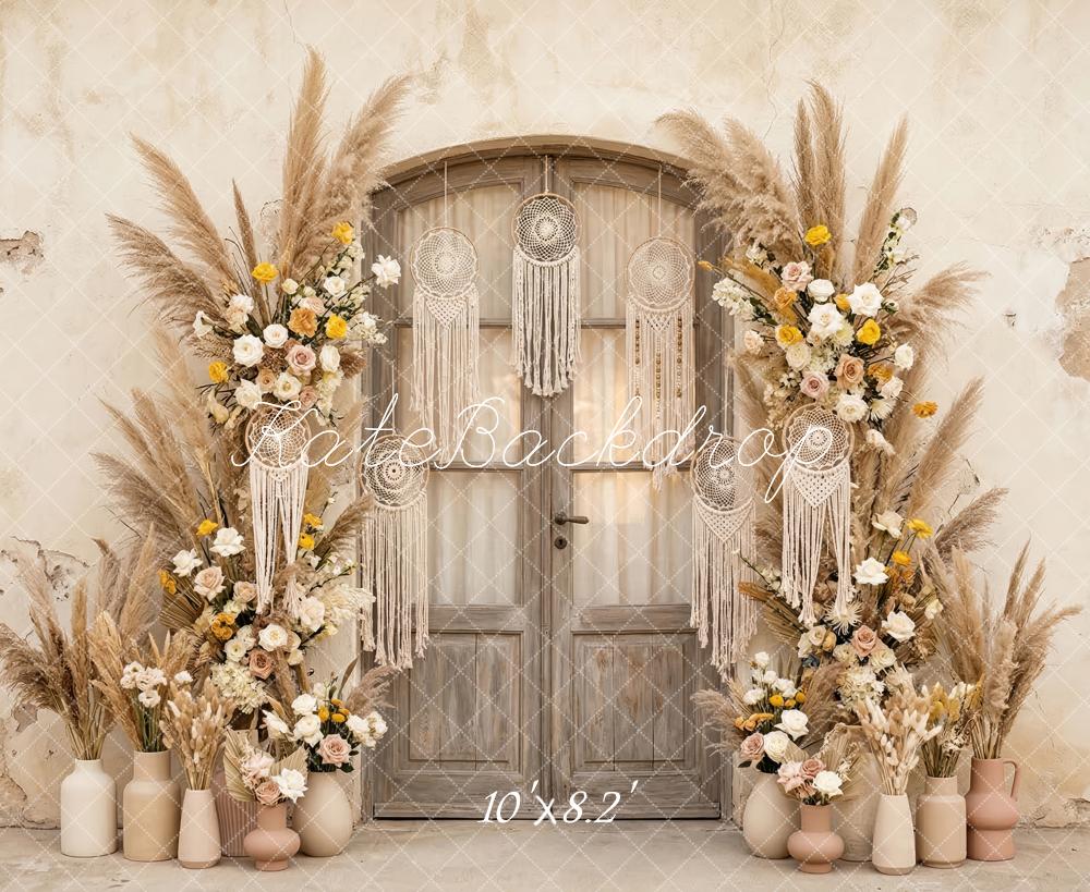 Kate Boho Flower Arch Pampas Grass Door Macrame Printed Backdrop Designed by Patty Roberts