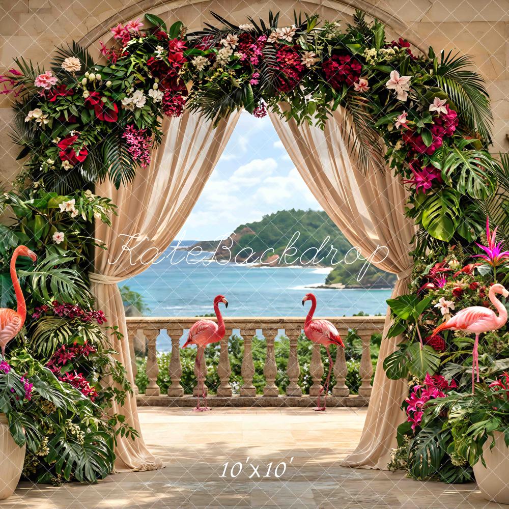 Kate Tropical Flower Arch Flamingos Ocean View Printed Backdrop Designed by Mini MakeBelieve