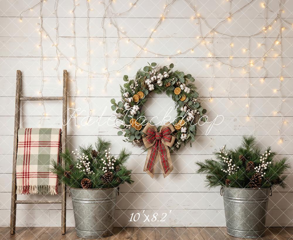 Kate Christmas Wreath Garland Pinecones Rustic Ladder Printed Backdrop Designed by Happy Squirrel Design