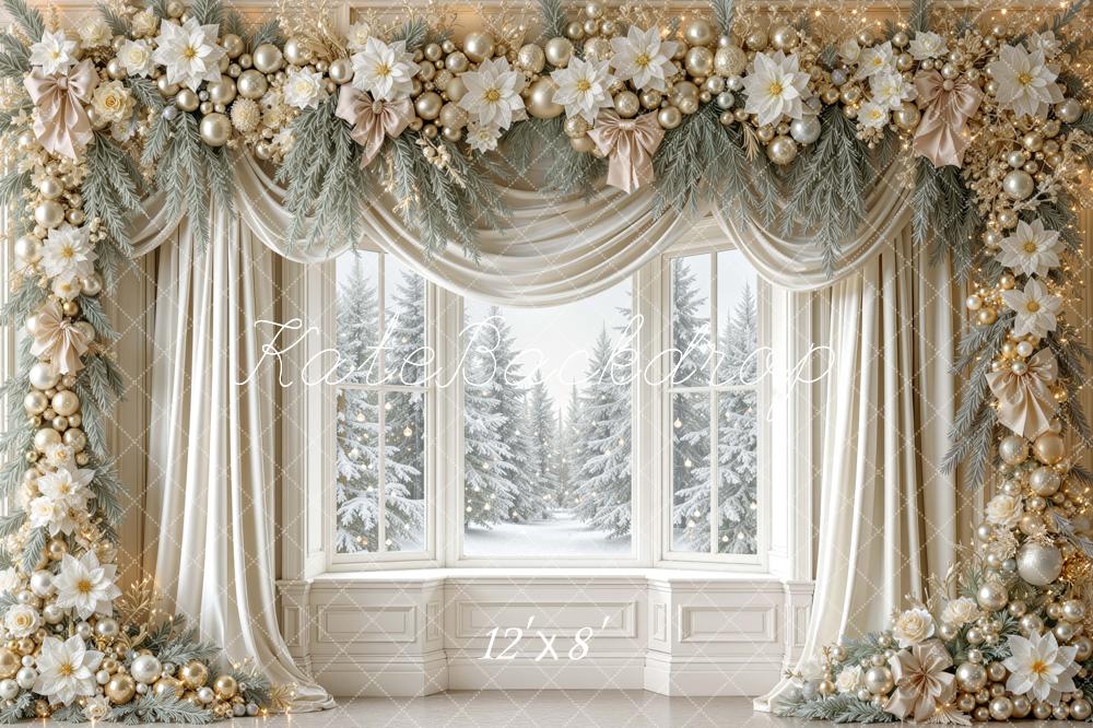 Kate Christmas Gold Floral Garland Drapes Window Snowy Printed Backdrop Designed by Mini MakeBelieve
