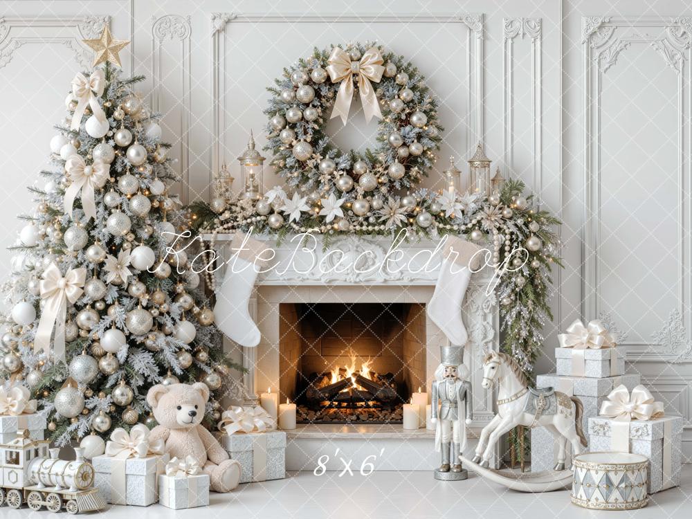 Kate Christmas Tree White Fireplace Wreath Toys Vintage Wall Printed Backdrop Designed by Mini MakeBelieve