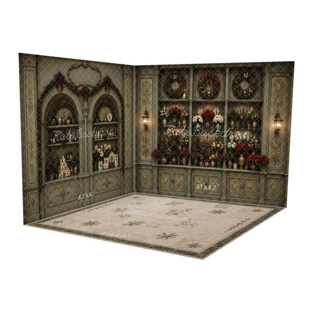 Kate Christmas Floral Green Cabinet Wreaths Lanterns Printed Backdrop Room Set