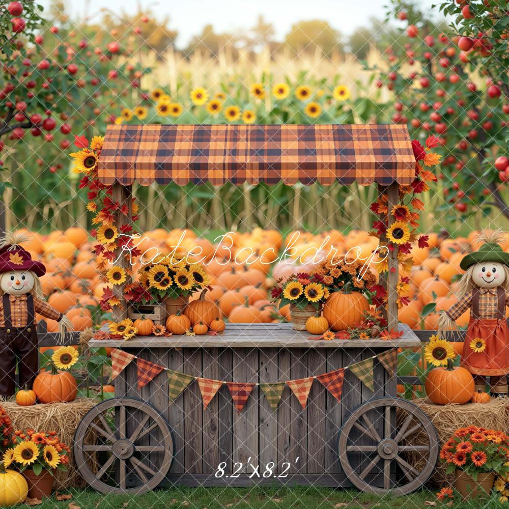 Kate Fall Pumpkin Stand Sunflower Scarecrow Field Printed Backdrop Designed by Mini MakeBelieve