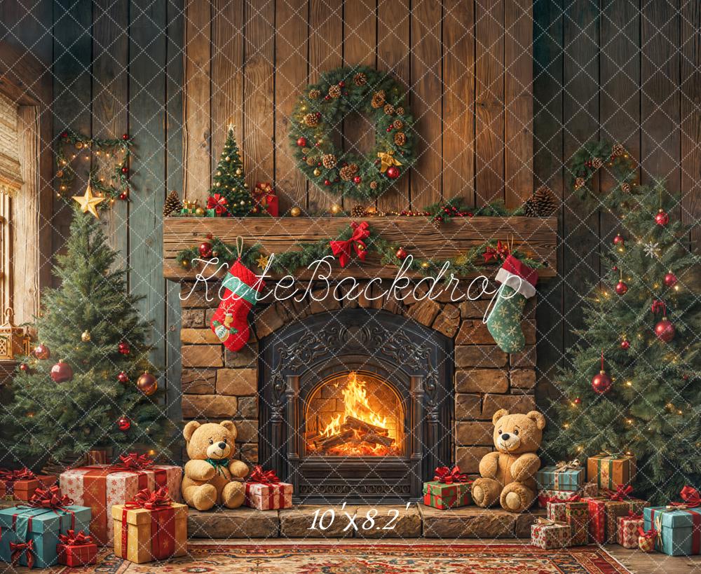 Kate Christmas Fireplace Trees Wreath Gifts Teddy Bears Printed Backdrop Designed by Emetselch