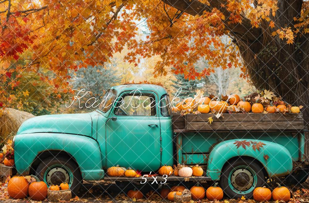 Kate Fall Vintage Blue Truck Pumpkins Maple Tree Backdrop Designed by Emetselch