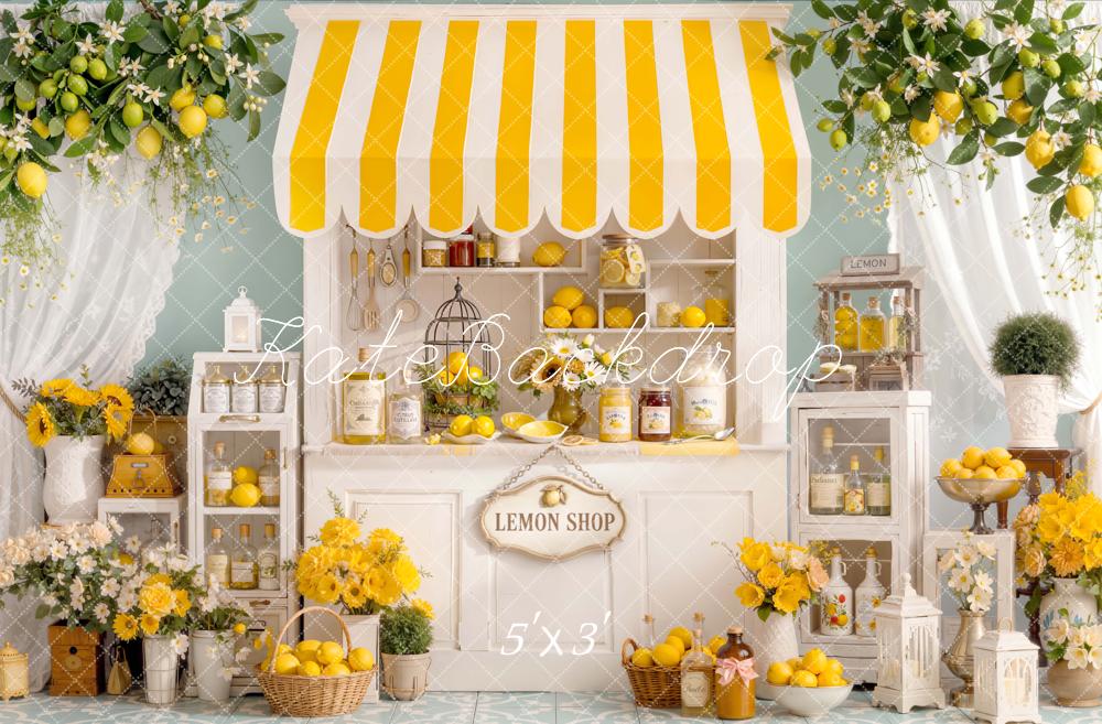 Kate Summer Lemon Shop Yellow Striped Awning Flowers Shelves Printed Backdrop Designed by Emetselch