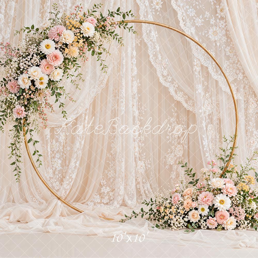 Kate Romantic Wedding Floral Hoop Lace Drapery Printed Backdrop Designed by Emetselch