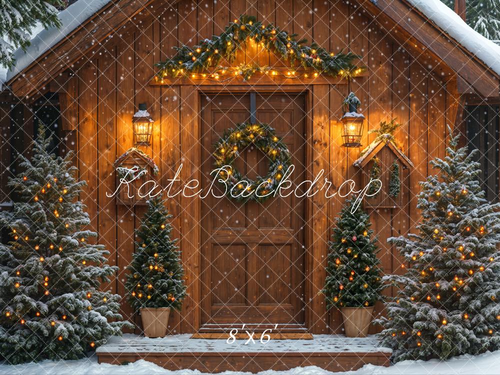 Fondo de Cabaña Navideña con Árboles Nevados