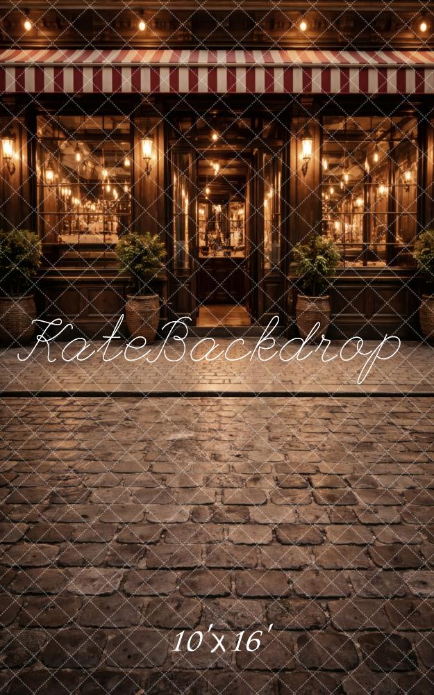 Kate Sweep Striped Awning Vintage Cafe Cobblestone Street Printed Backdrop Designed by Vertigo Productions