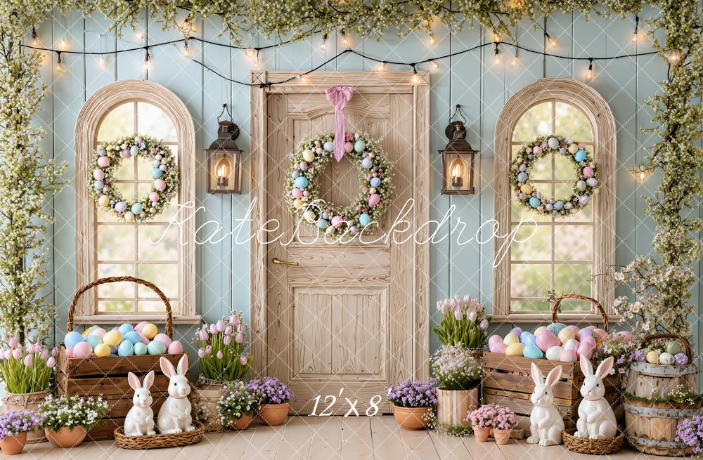 Kate Easter Bunny Blue Egg Wreath Door Greenery Printed Backdrop Designed by Emetselch