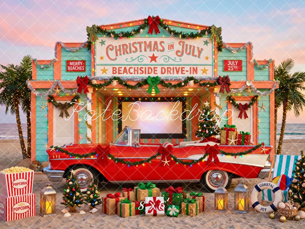 Kate Christmas in July Beach Drive-In Red Vintage Car Presents Palm Trees Printed Backdrop Designed by Patty Roberts