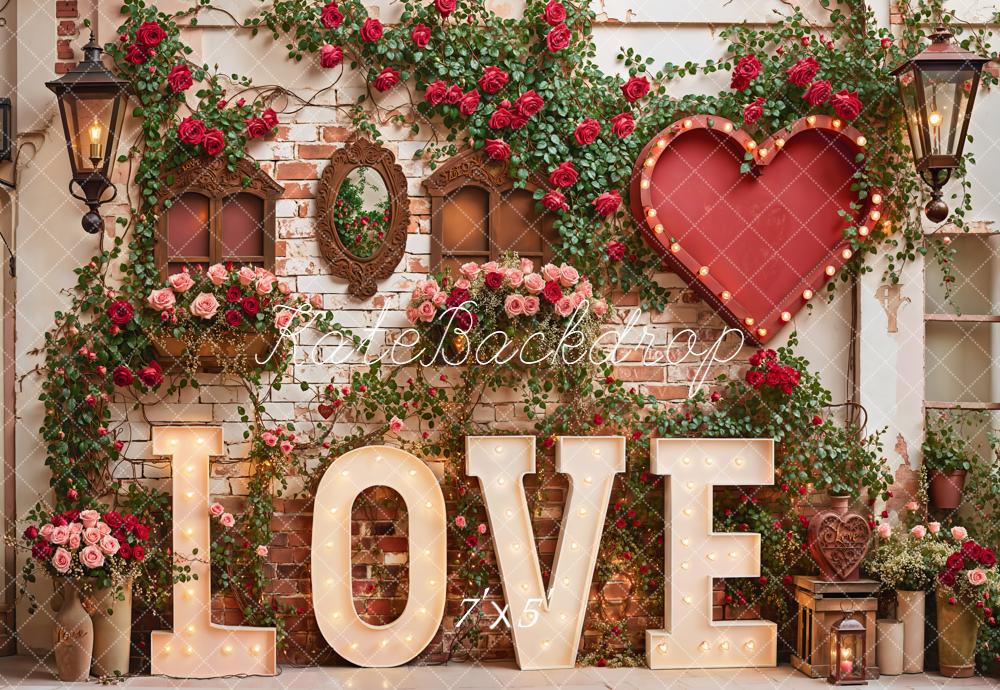 Kate Valentines Love Marquee Letters Heart Roses Vintage Brick Wall Backdrop Designed by Emetselch