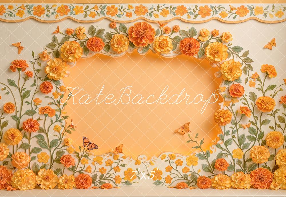 Kate Spring Marigold Wall Orange Flower Arch Butterflies Printed Backdrop Designed by Angela Miller