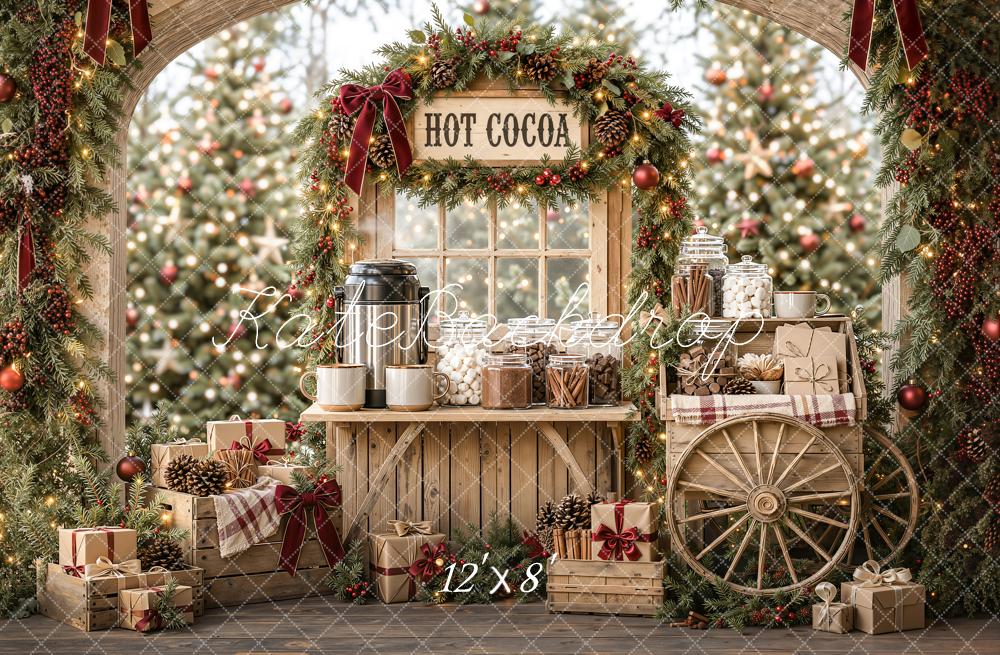 Kate Christmas Hot Cocoa Stand Wood Cart Pine Arch Printed Backdrop Designed by Emetselch