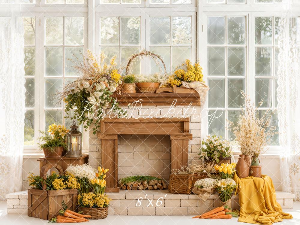 Kate Spring Easter Yellow Flowers Fireplace Window Sunlight Backdrop Designed by Emetselch