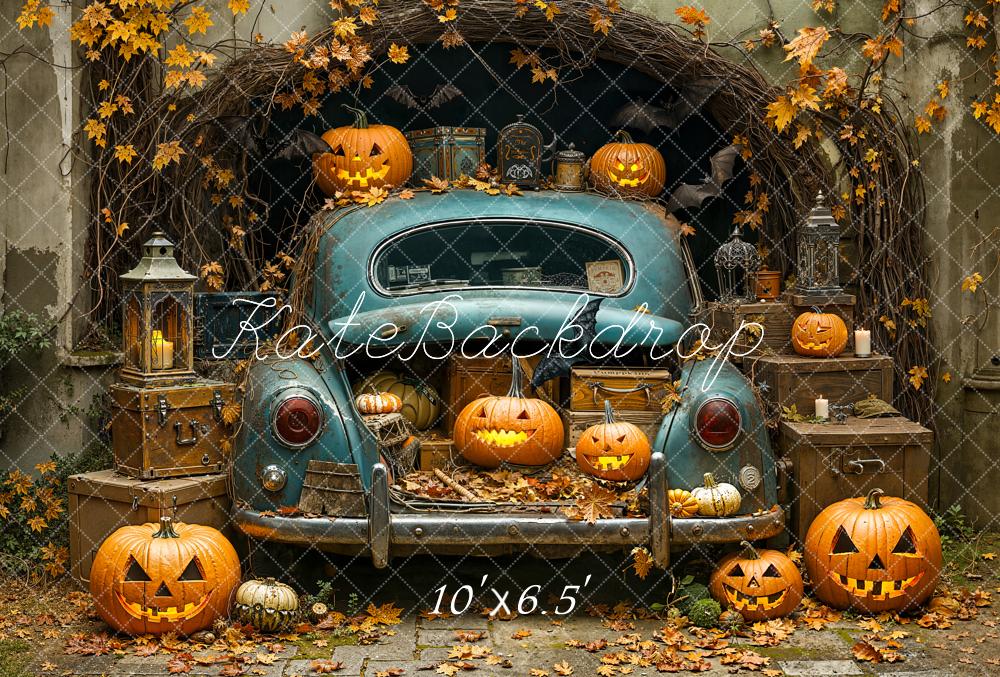 Kate Halloween Vintage Blue Car Pumpkins Lanterns Leaves Backdrop Designed by Emetselch