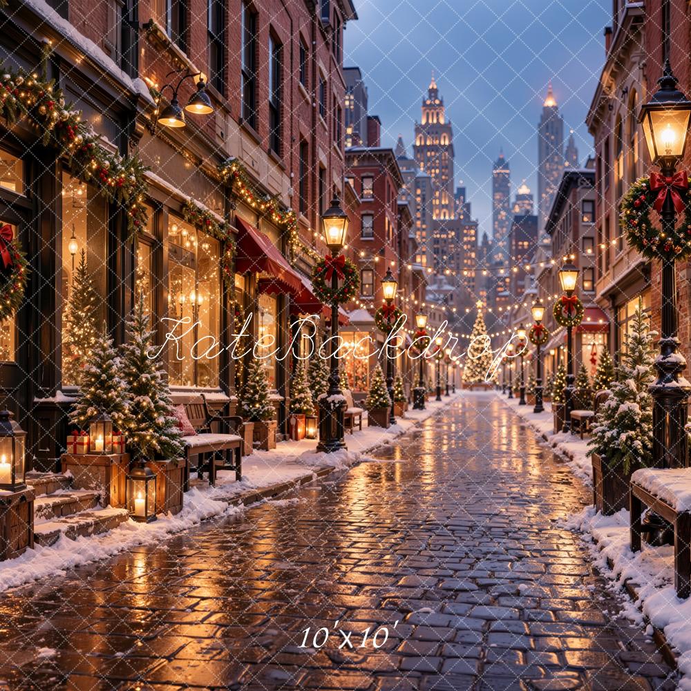 Kate Christmas City Street Snowy Buildings Cobblestone Printed Backdrop Designed by Jordan Moon