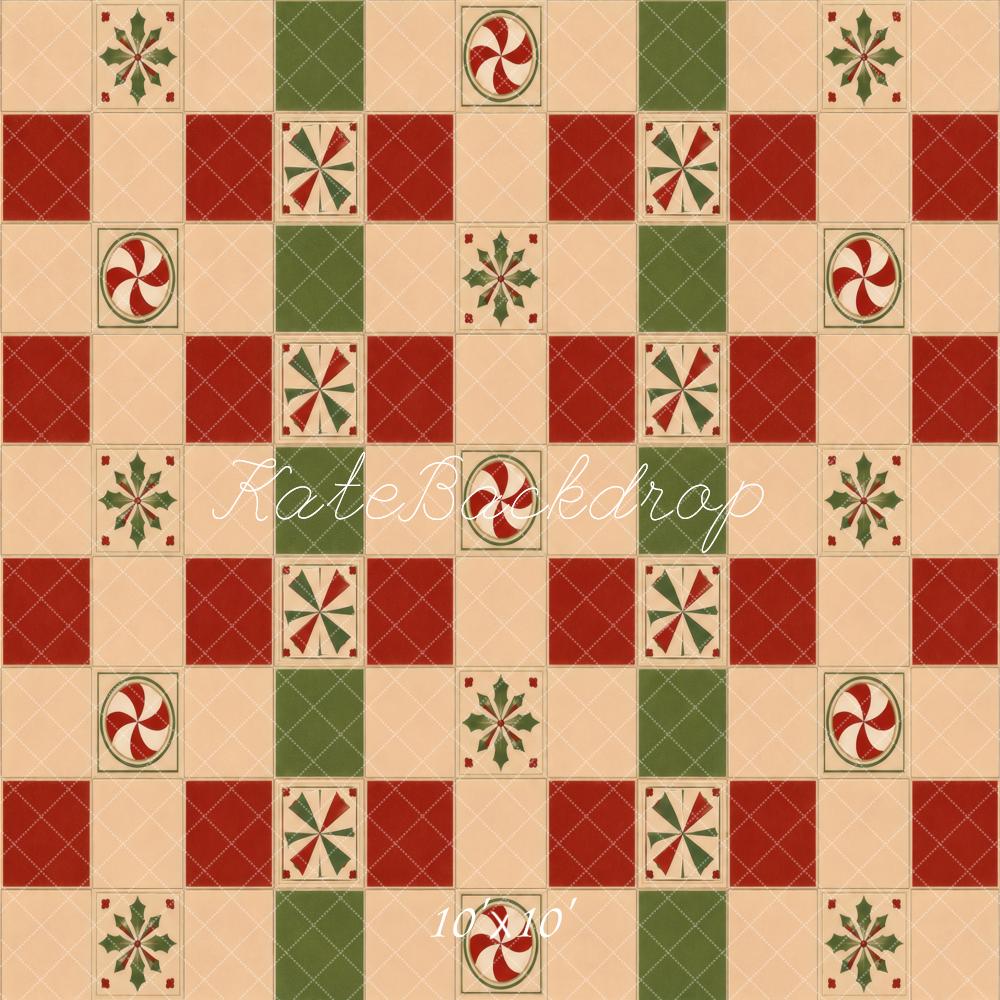 Kate Christmas Patchwork Peppermint Holly Checkerboard Floor Printed Backdrop Designed by Vertigo Productions