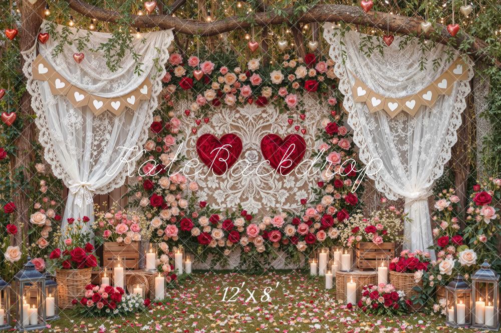 Kate Valentine's Day Lace Curtains Flower Branch Arch Heart Printed Backdrop Designed by Mini MakeBelieve