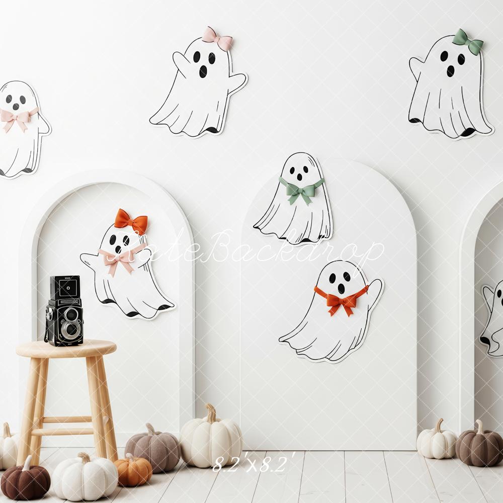 Kate Halloween Cute Ghosts Arches Pumpkins Studio White Backdrop Designed by Patty Roberts