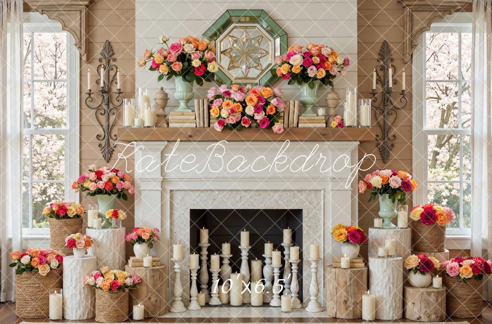 Kate Spring Fireplace Floral Roses Candles Printed Backdrop Designed by Mini MakeBelieve