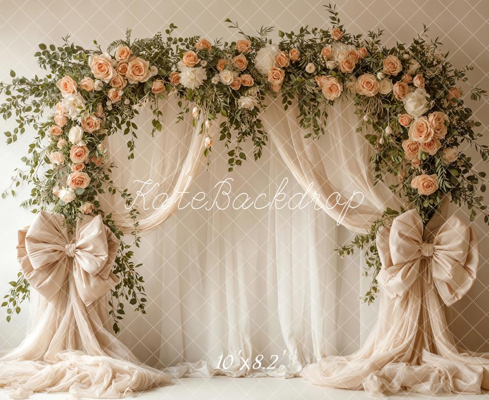 Kate Boho Flower Arch Cream Draped Bows Greenery Backdrop Designed by Emetselch