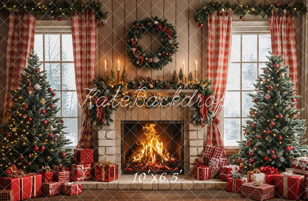 Kate Christmas Tree Fireplace Red Plaid Curtains Gifts Backdrop Designed by Emetselch