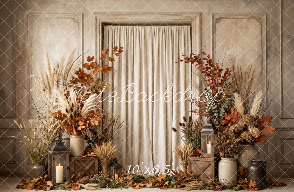 Kate Fall Floral Cozy Draped Curtain Vintage Beige Printed Backdrop Designed by Patty Roberts