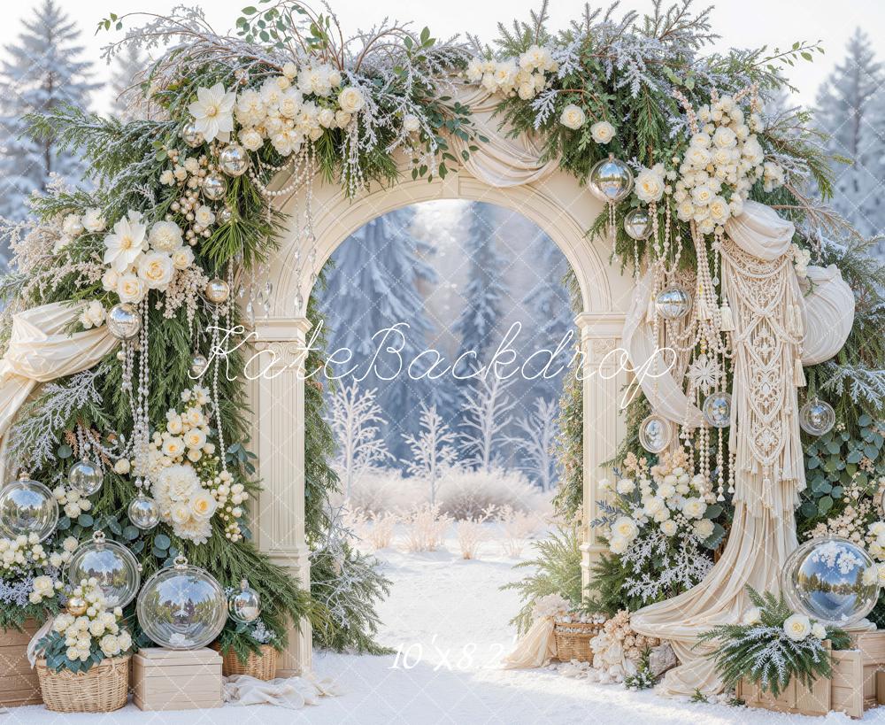 Kate Winter Boho Wedding Flower Arch Greenery Snow Printed Backdrop Designed by Mini MakeBelieve