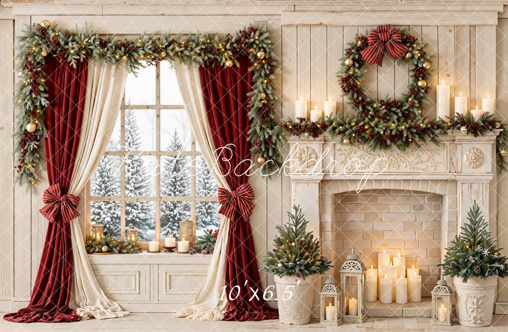 Kate Christmas Fireplace Wreath Window Red Curtains Garland Printed Backdrop Designed by Emetselch