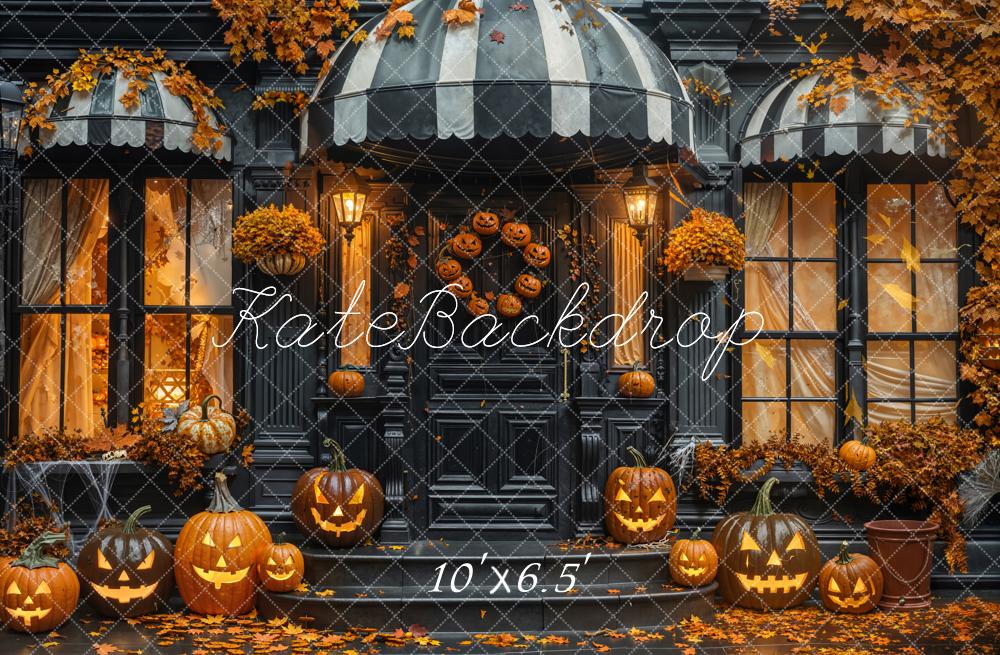 Kate Halloween Pumpkin Doorway Fallen Leaves Black Backdrop Designed by Emetselch
