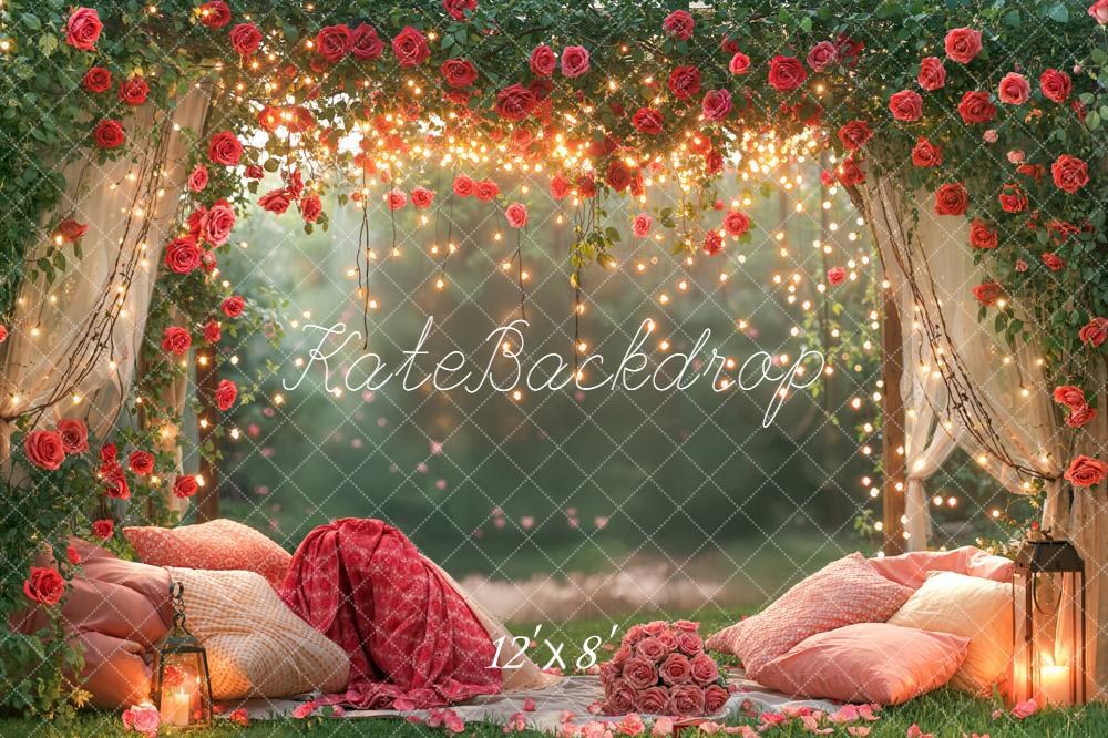 Kate Valentines Rose Arch Cozy Pillows Garden Fairy Lights Backdrop Designed by Emetselch
