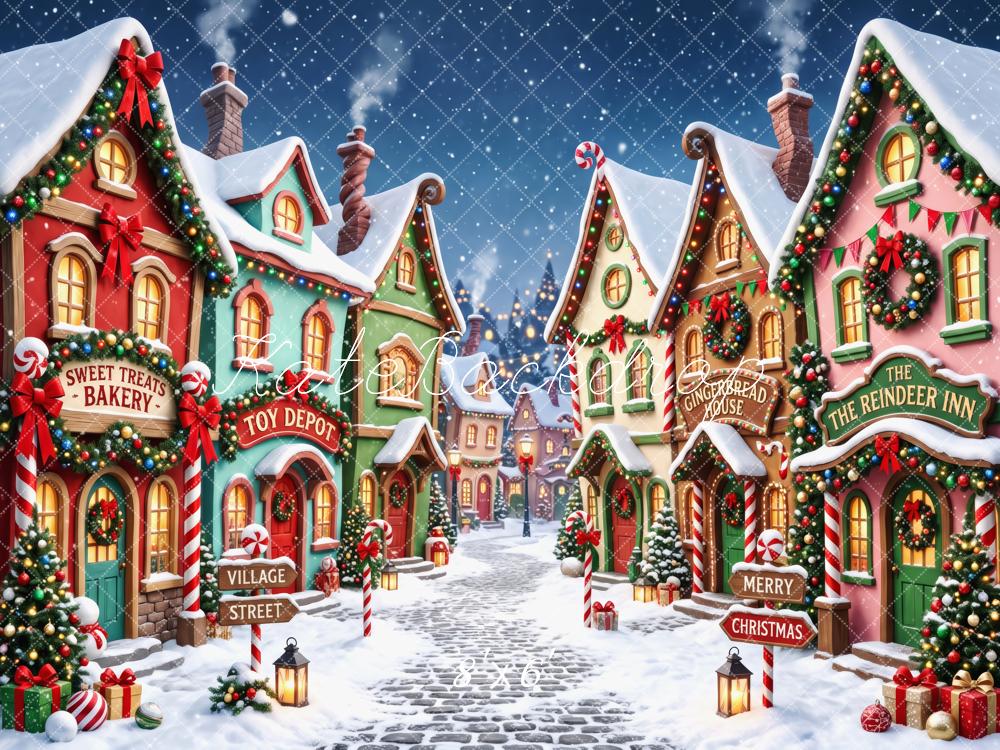 Kate Christmas Whimsical Snowy Village Street Candy Cane Garland Printed Backdrop Designed by Patty Roberts
