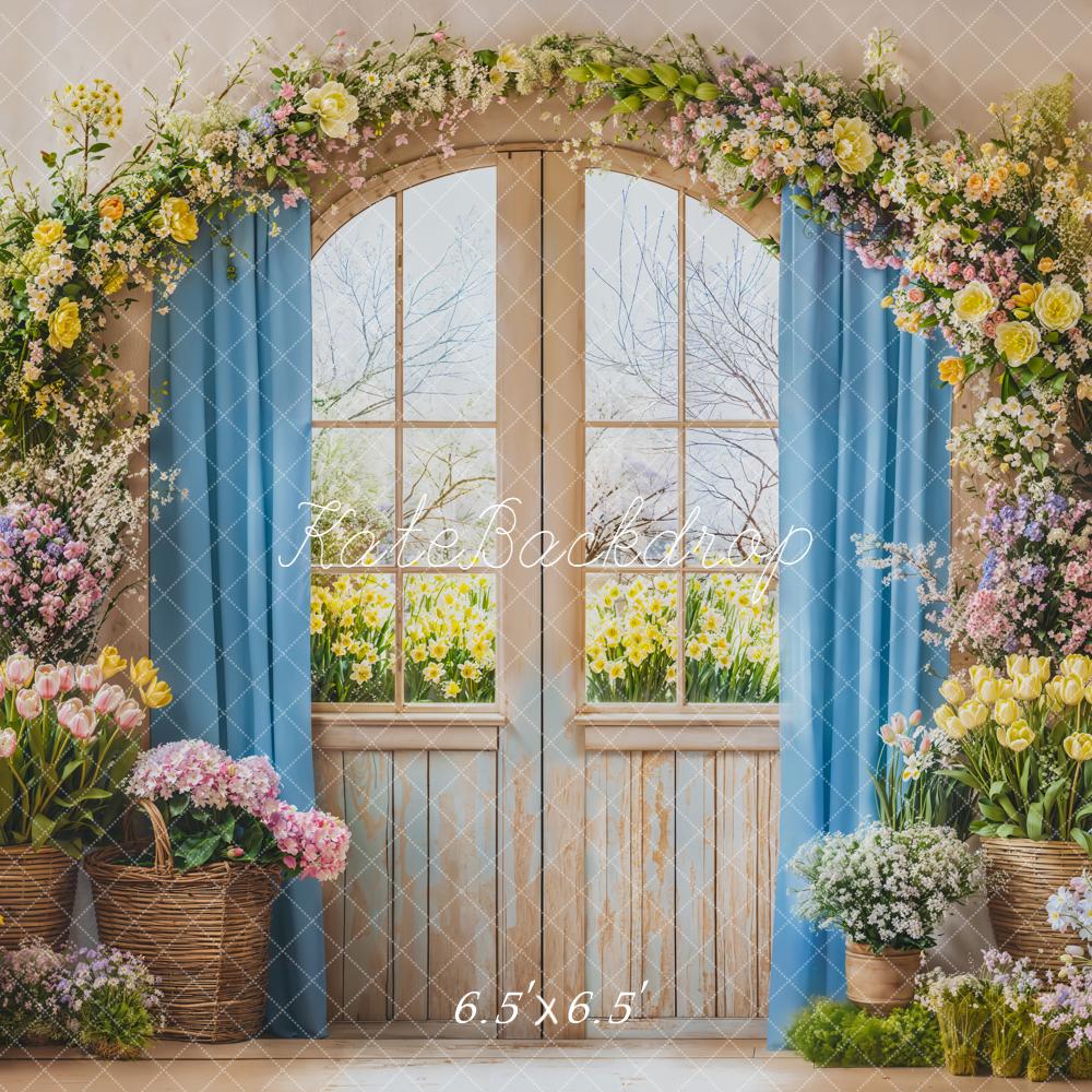 Kate Spring Flower Arch Window Blue Curtain Baskets Backdrop Designed by Emetselch